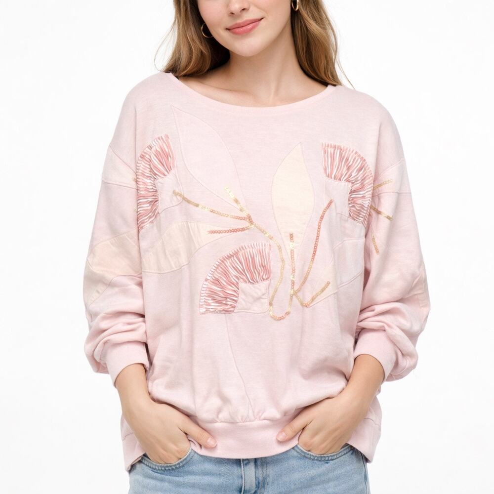 1980s Vintage Embroidered Sweater Sequins Lotus Flowers Pullover Size Large Pink